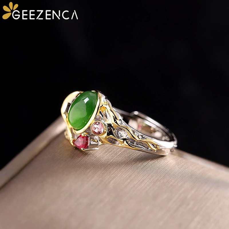 

925 Sterling Silver Gold-plated Gemstones Ring Hetian Jade Royal Zircon Open Ring Fine Jewelry for Women Vintage Trendy Gift