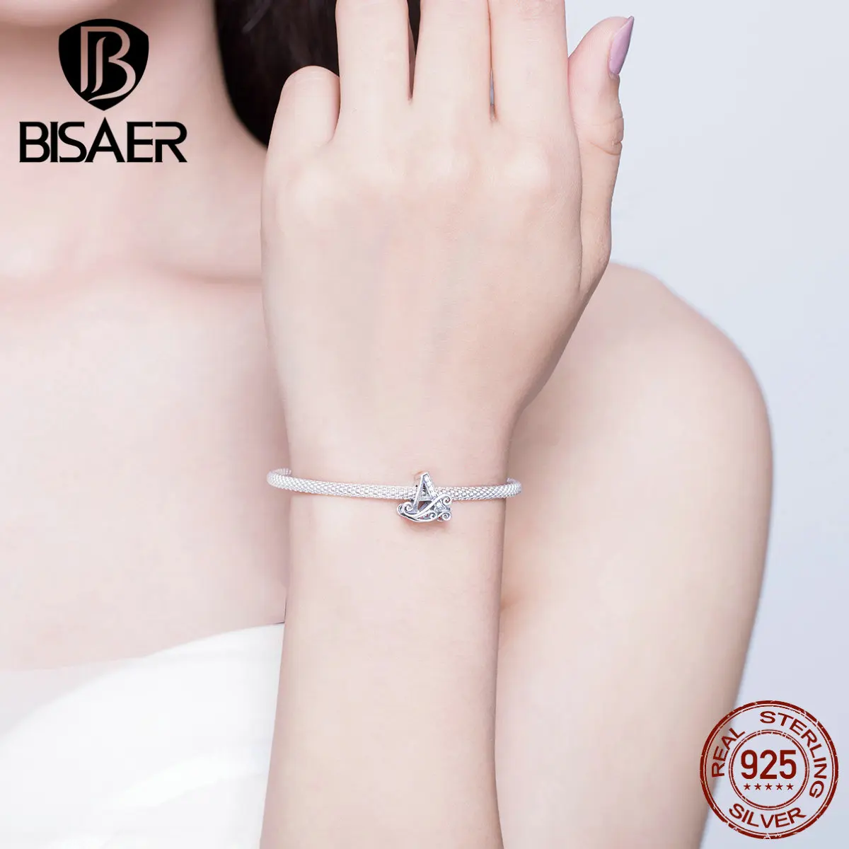 

BISAER Alphabet Letter A Name Beads Bracelet 925 Sterling Silver Classic Design Bracelet DIY Jewelry Birthday Gift HSB829