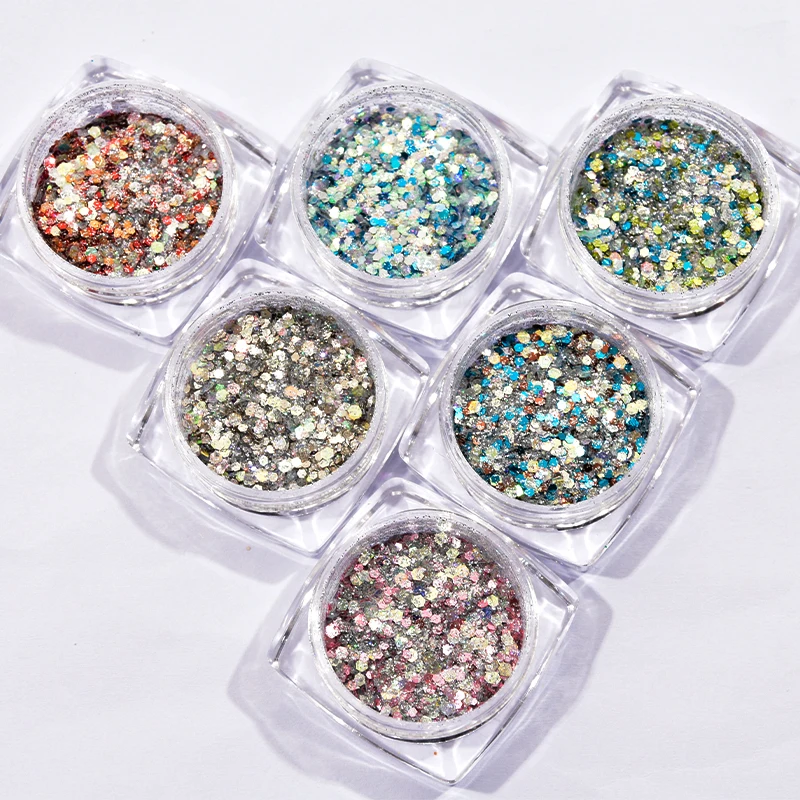 Набор из 6 штук грубого голографического флейк-порошка для нейл-арта с разнообразными гексагональными радужными лазерными дизайнами для декорирования ногтей "Металлические хлопья".