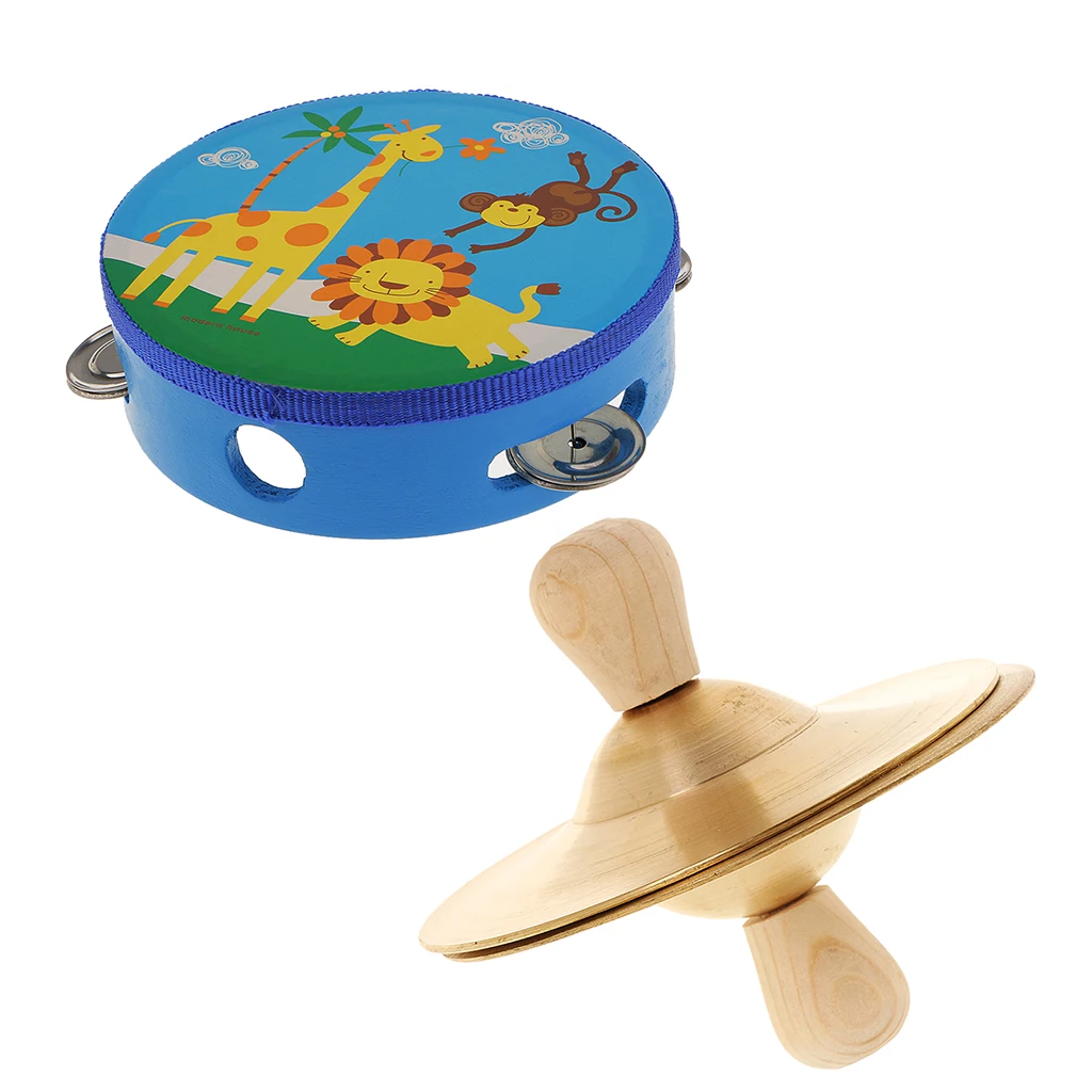 6inch Tambourine Wooden Drum Head with Cymbal Kids Music Learning Toy |