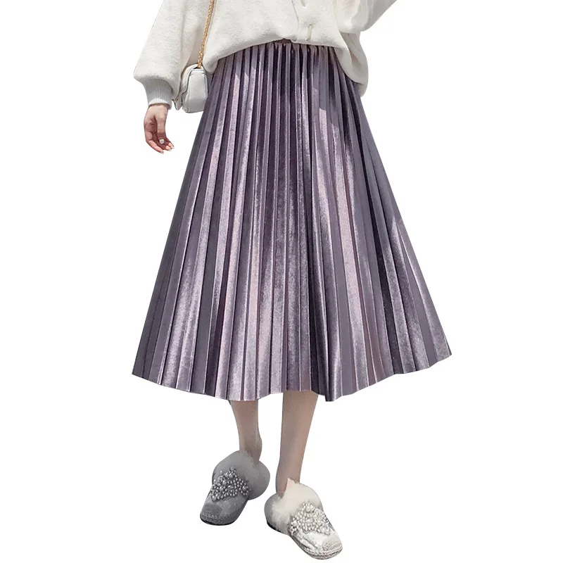 2019 осень и зима новый стиль корейский золото бархат складка юбка расширяемая