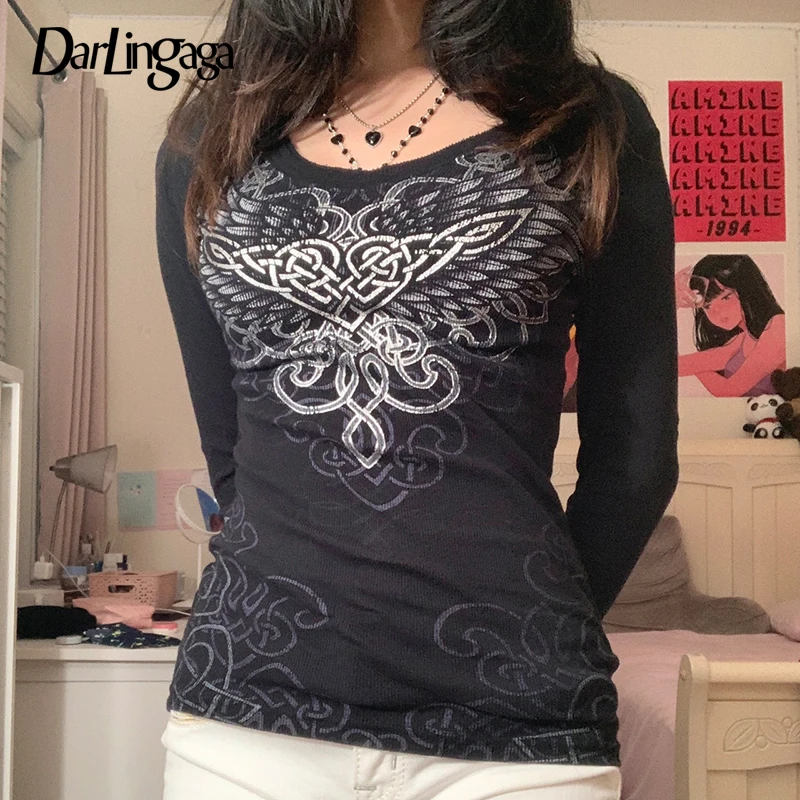 

Darlingaga Streetwear Printed Autumn Long Sleeve T shirt Dark Academia Top Tee Women's T-shirts Gothic Clothes Pullovers Grunge
