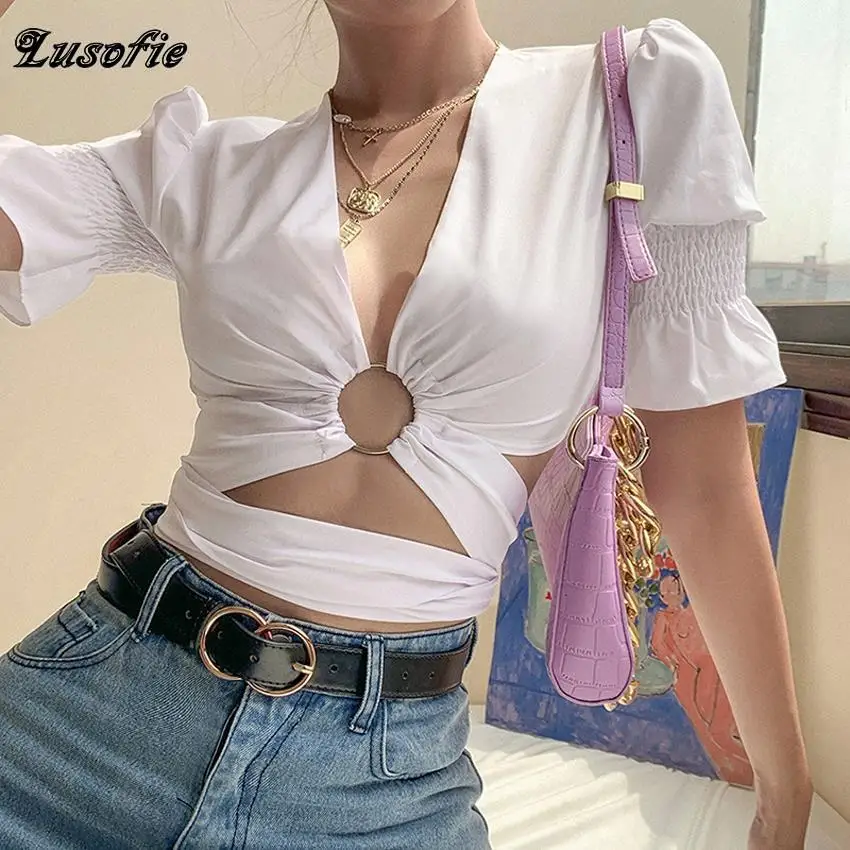 

Lusofie Summer Sexy Deep V Neck Short Sleeve T shirt Women Hollow Out Bandage Top Lady Slim Street Casual Winter Tee 2020 New