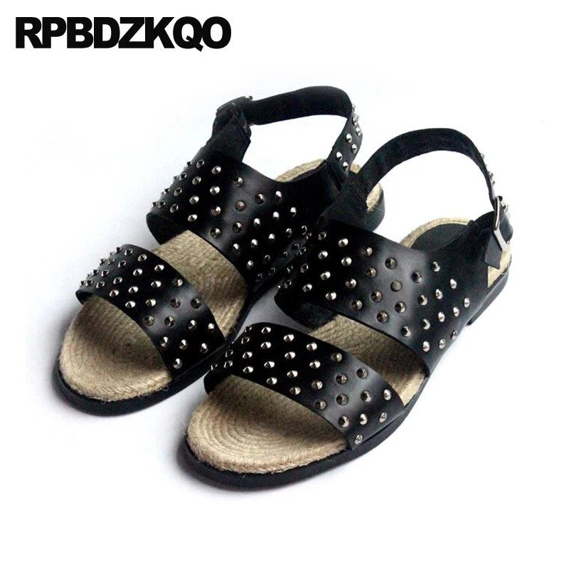 

лето Дизайнерская обувь мужчины высокого качества Настоящая кожа большой размер шпилька заклепка черный итальянский эспадрильи сандалии рыбак 45 веревка
