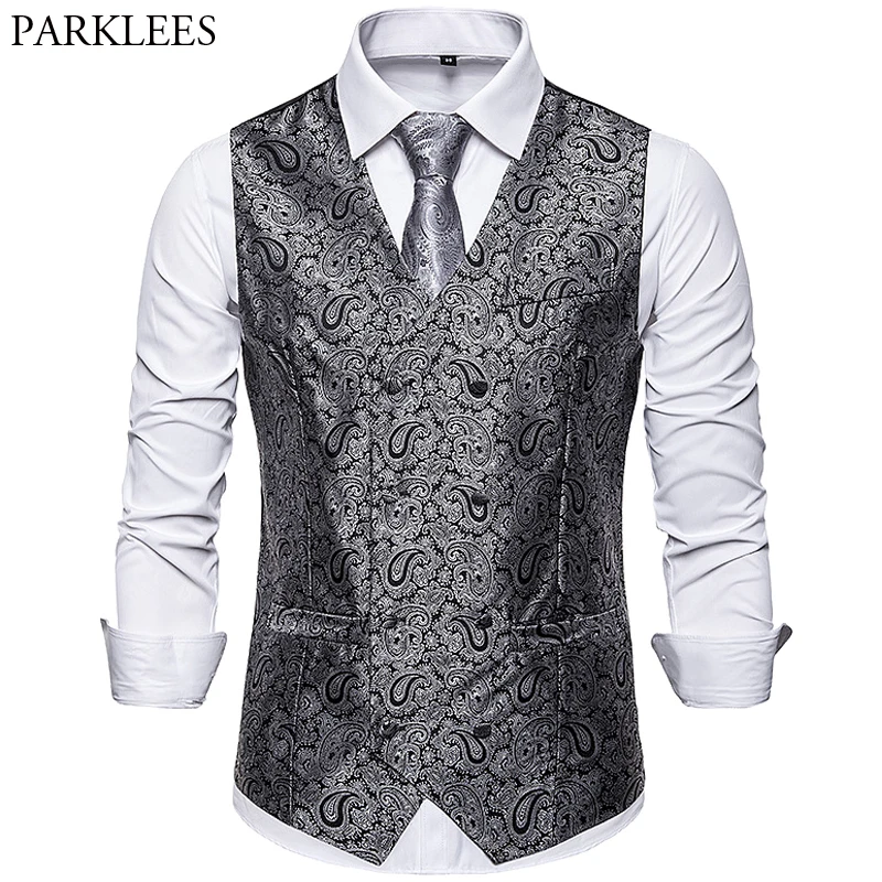 

Gentleman Formal Slim Fit Double-Breasted Dress Suit Vests Men’s 2019 Fashion Cashew Flower Print Waistcoat Colete Masculino