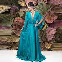 verngo lake blue satin prom dresses deep v neck puff cut long sleeves floor length simple formal evening gowns plus size