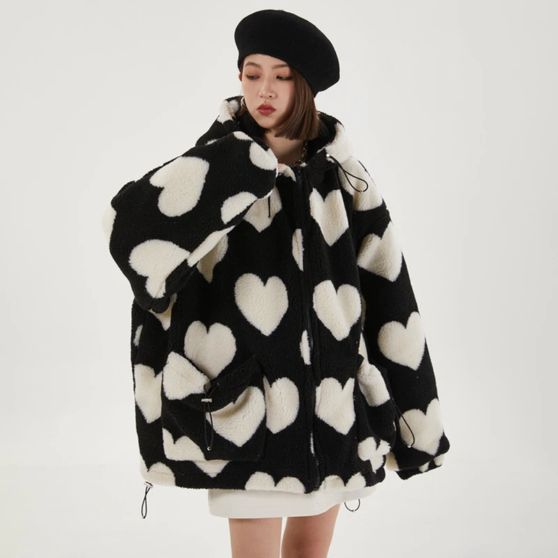 Ladies Lamb Plush Winter 2022 New Korea Fashion Love Printed Plush Jacket Loose Long-sleeved Hooded Cotton Crop Jacket