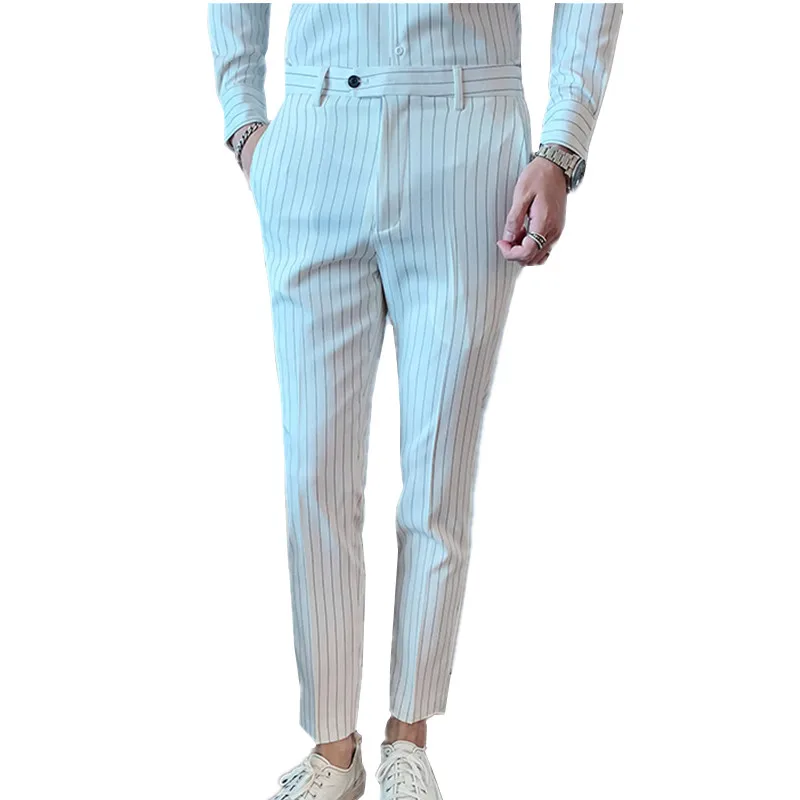 

Брюки мужские в полоску, облегающие деловые повседневные штаны, белые, на осень