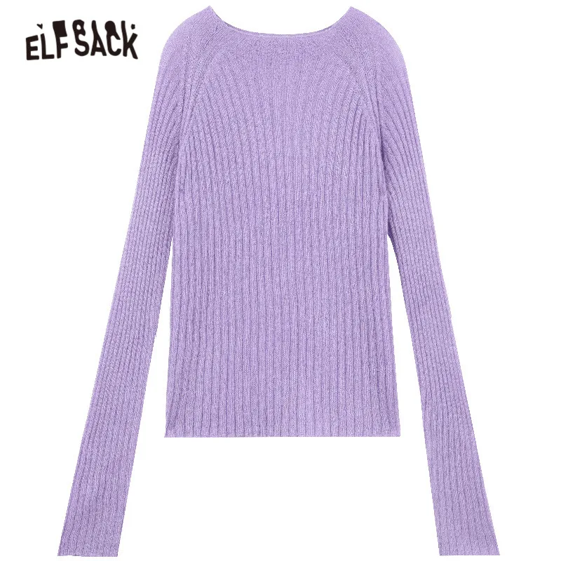 ELFSACK фиолетовый полосатый вязаный свитер для женщин 2019 осень зима серый длинный