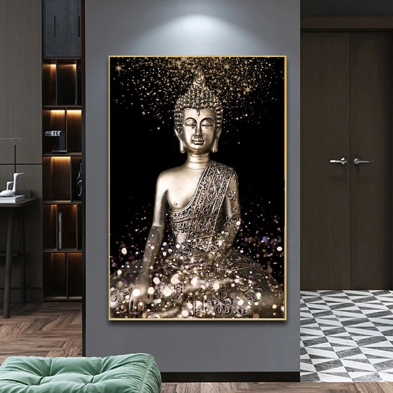 

Meditate Religious Buddha Metal Statue Canvas Painting Abstract Buddhism Poster And Print Wall Art For Living Room Home Decor