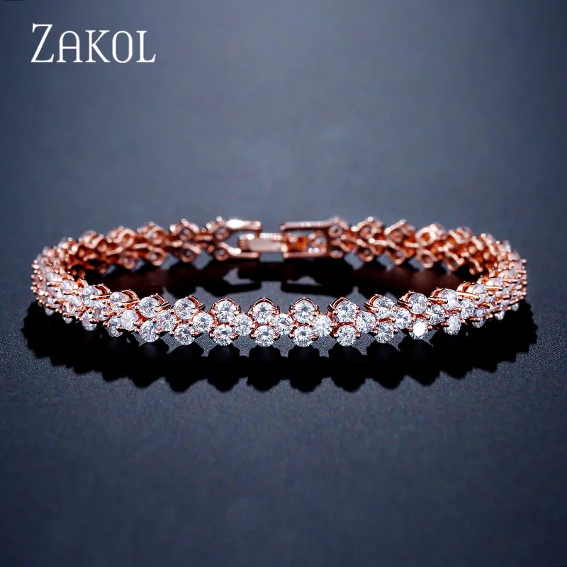 Rose Gold Color ZAKOL Лидер продаж высокое качество кубический цирконий римская цепочка браслет для женщин Кристалл невесты свадебные украшения FSBP067 - Окраска металла: Rose Gold Color