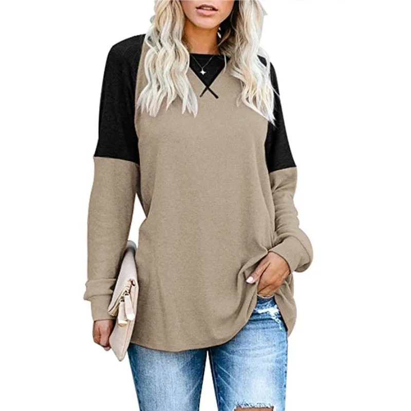

Winter Autumn Patchwork Long Sleeved O Neck Tops Women's Fashion Casual Loose Plus Size Tunic T Shirt Solid Color Pullovers