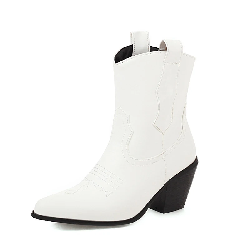 

ANNYMOLI Western Boots Woman Pointed Toe Ankle Boots High Heel Short Boots Chunky Heel Ladies Shoes Autumn Black White Size 43