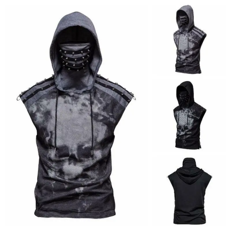

Men Sleeveless Hooded T-shirts Casual Blouse Loose Tee Drawstring Tops Summer