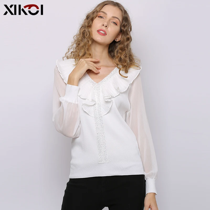 Женская шифоновая блузка XIKOI с оборками и V-образным вырезом белая рубашка