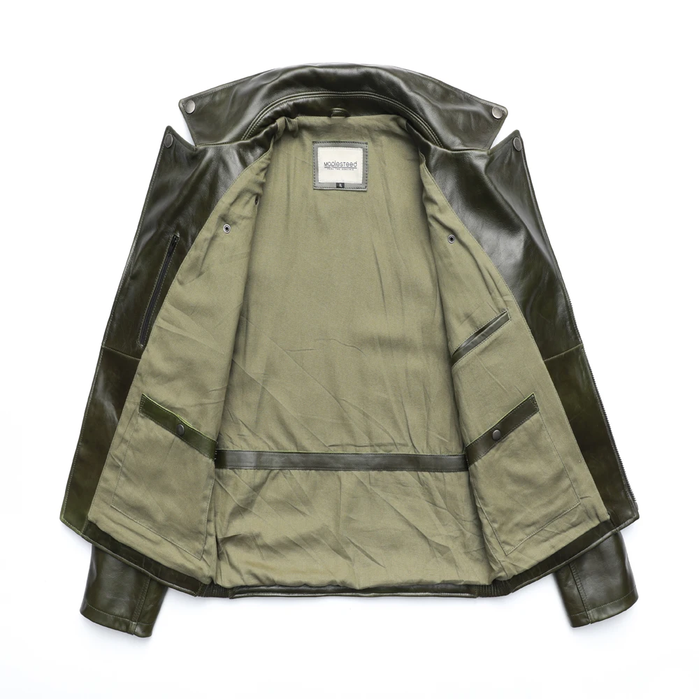 

Unique Army Green Motorcycle Jacket Men Leather Jacket 100% Oil wax Cowhide Motor Biker Jacket Male Leather Coat Winter M455