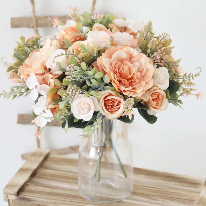 Искусственный Осенние цветы пиона свадебные букет роз из шелка DIY Свадебные