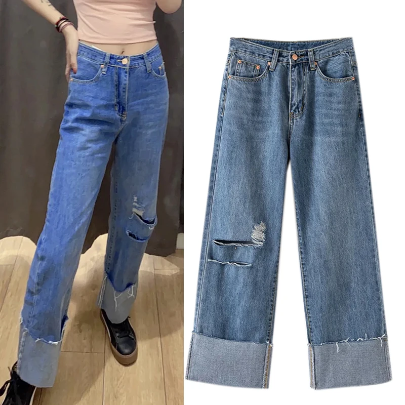 

WESAY JESI 2021 Summer New Women's High-Waisted Jeans All-Match Slimming Casual Loose Ripped Straight-Leg Pants