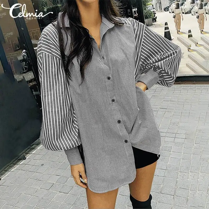 

2021 модная Женская Полосатая Рубашка в стиле пэчворк Celmia Осенняя офисная блузка с длинным рукавом с лацканами Свободные повседневные рубашк...