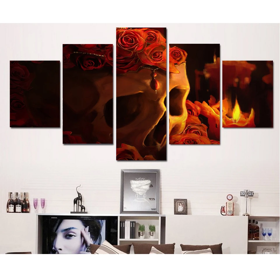 Модульная картина для домашнего декора 5 панелей красные розы Череп гостиная HD
