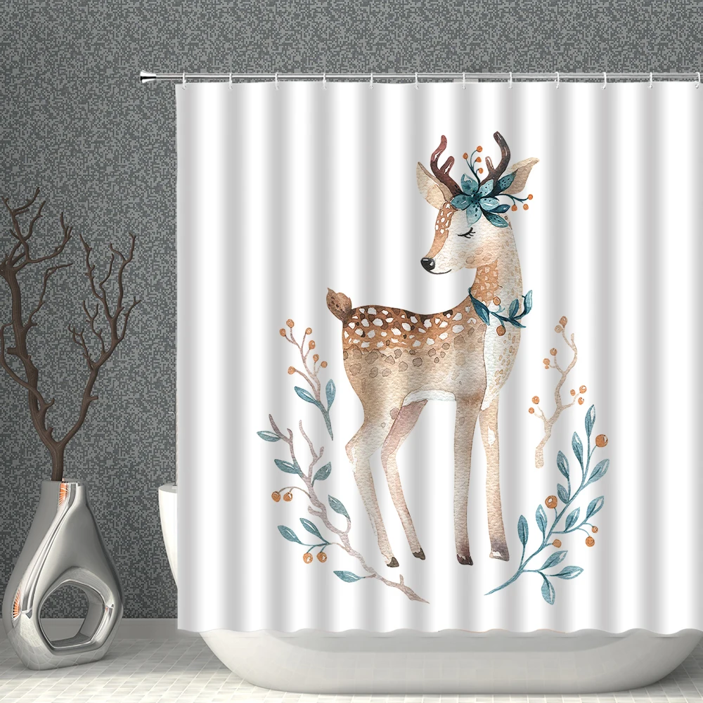 

Водонепроницаемая занавеска для душа с изображением животных, белый шторка для ванной из ткани с принтом медведя, лисы, оленя, цветов, Листь...