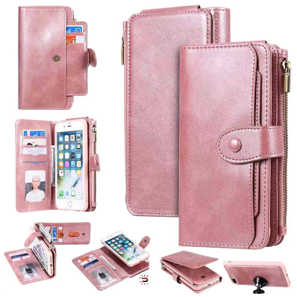 Pink Флип-чехол для iPhone 7, 8 Plus, роскошный Съемный кожаный кошелек, чехол для телефона s, Магнитный чехол для iPhone 11 Pro, 8 Plus, 7 Plus, XS, XR, X - Цвет: Pink