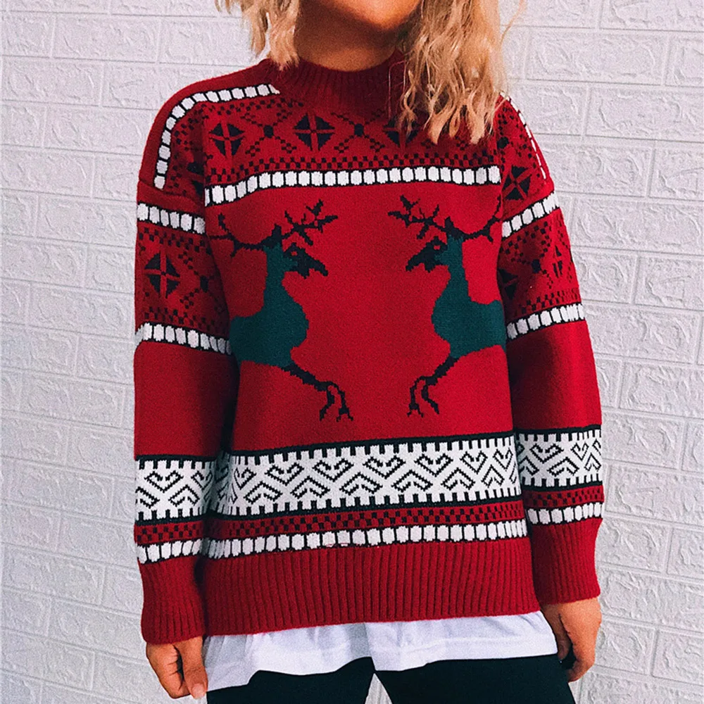 

Женский свитер на осень и зиму, Новый Модный повседневный Свободный Топ с круглым вырезом и длинными рукавами, Рождественская и новогодняя ...