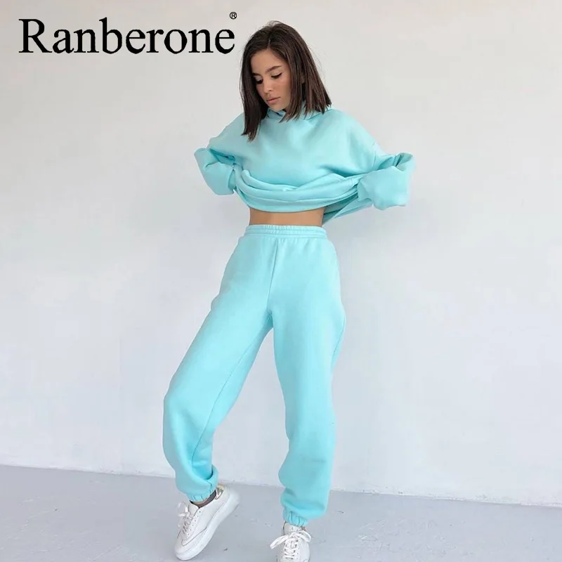 Ranberone Women Casual Fleece Two Piece Sets 2021 Streetwear Basic Tracksuit Hooded Pullover Sweatshirt And Outfit Pant Suit