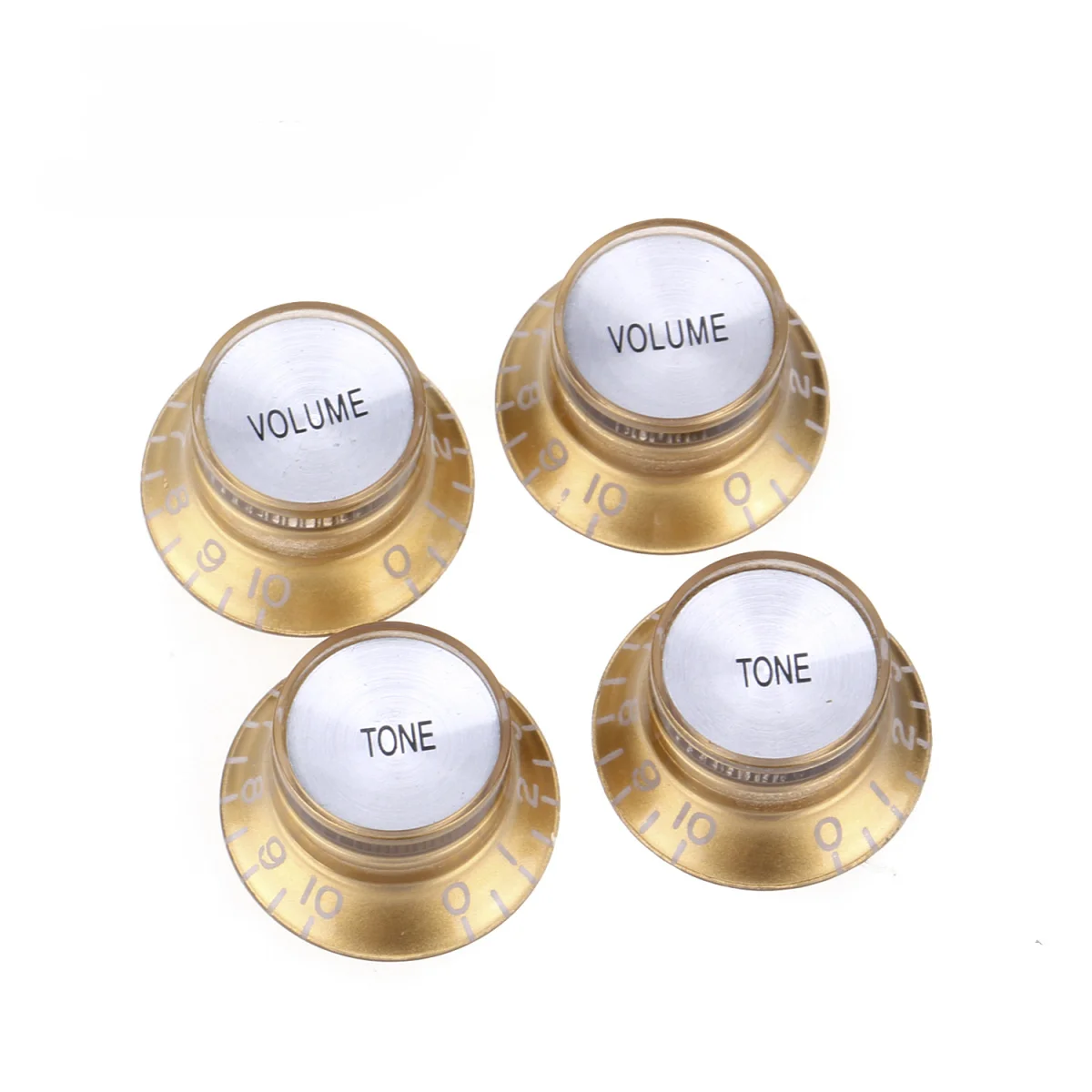 

Musiclily Pro Metric Size 18 Splines Top Hat Bell Reflector 2 Volume 2 Tone Knobs Set for Asia Import Guitar Bass Pots, Gold