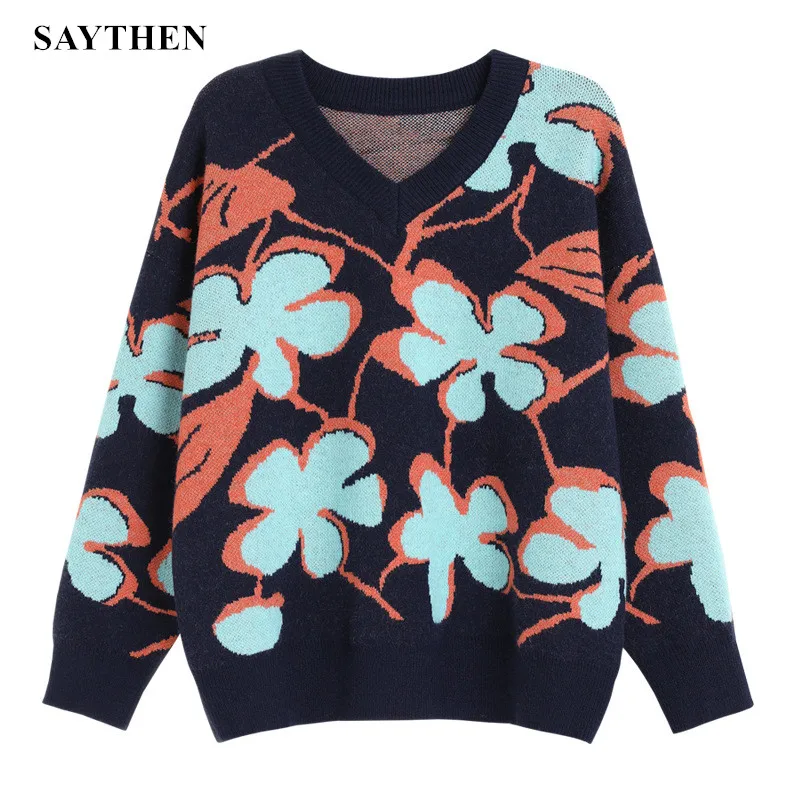 

SAYTHEN Autumn Winter Tops Korean Slim Flower Women Pullover Knitted Sweater Jumper Soft Warm Pull Femme Sweet Cute Pullover
