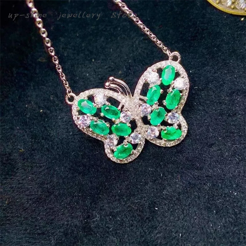 

New style 925 silver inlaid natural emerald Pendant necklace，women's necklace, finely inlaid, luxurious and bright