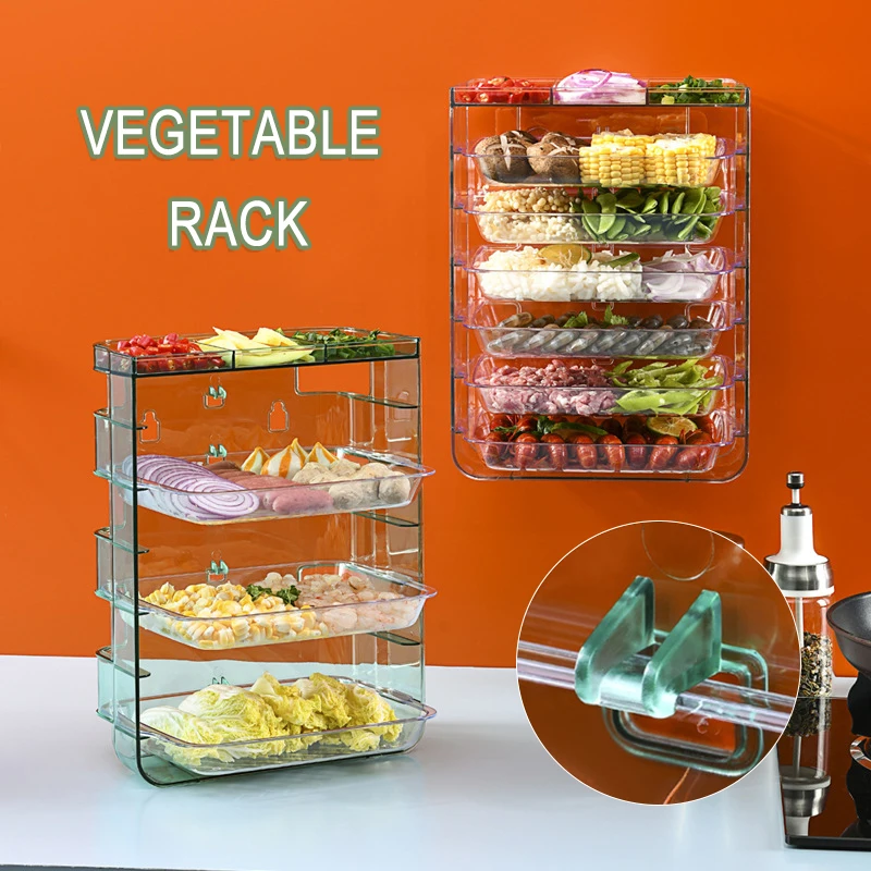

Multi-Layer Serving Tray Drawer Type Kitchen Food Veg Organizer Holder with Removable Tray Plate Punch Free Wall Mount Free