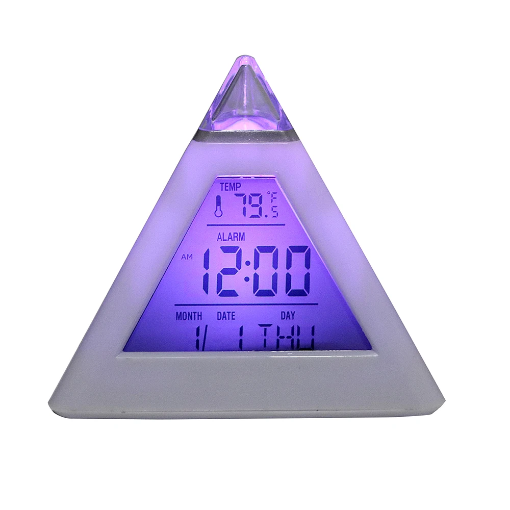 

Digital Alarm Clock Thermometer Backlight Change Clock Perpetual Calendar Colorful Cone Pyramid Style Home Decoration Random