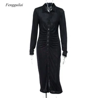 black winter women turndown collar button long sleeve casual dresses see through sexy dress street wear 2021