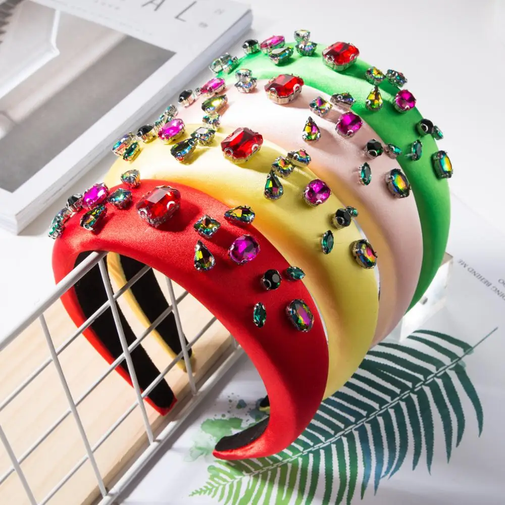 

Satin Padded Headband For Women Baroque Colorful Crystal Hairband Lady Diamond Hair Hoop Hair Accessories