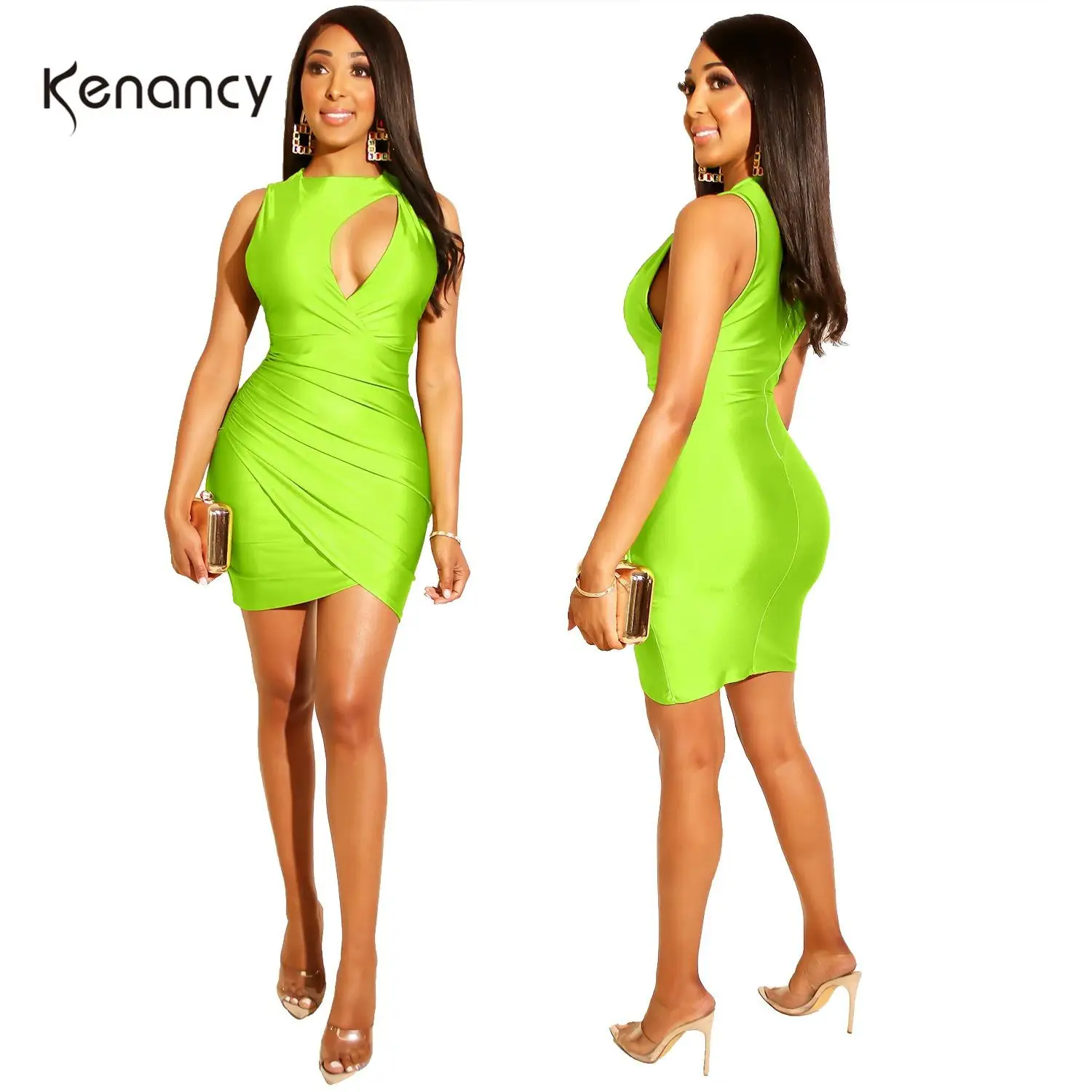 Женское мини платье Kenancy однотонное зеленое облегающее с о вырезом без рукавов
