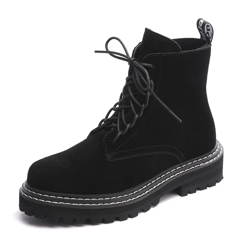 Black-Flock Leather Роскошный бренд; Новинка года; Модные женские ботинки из воловьей кожи; Зимние Женские однотонные Ботинки martin; короткая теплая хлопковая обувь - Цвет: Black-Flock Leather