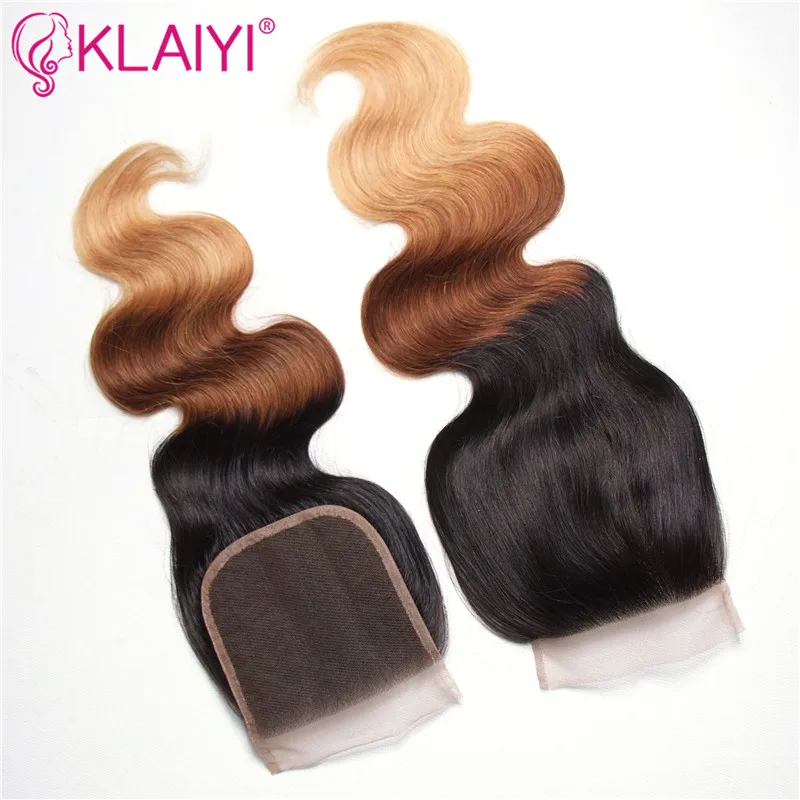 KLAIYI закрытие волос бразильское тело волна Кружева Закрытие свободная часть Remy человеческие волосы 4x4 дюймов швейцарское кружево T1B/4/27 Омбре верхнее закрытие