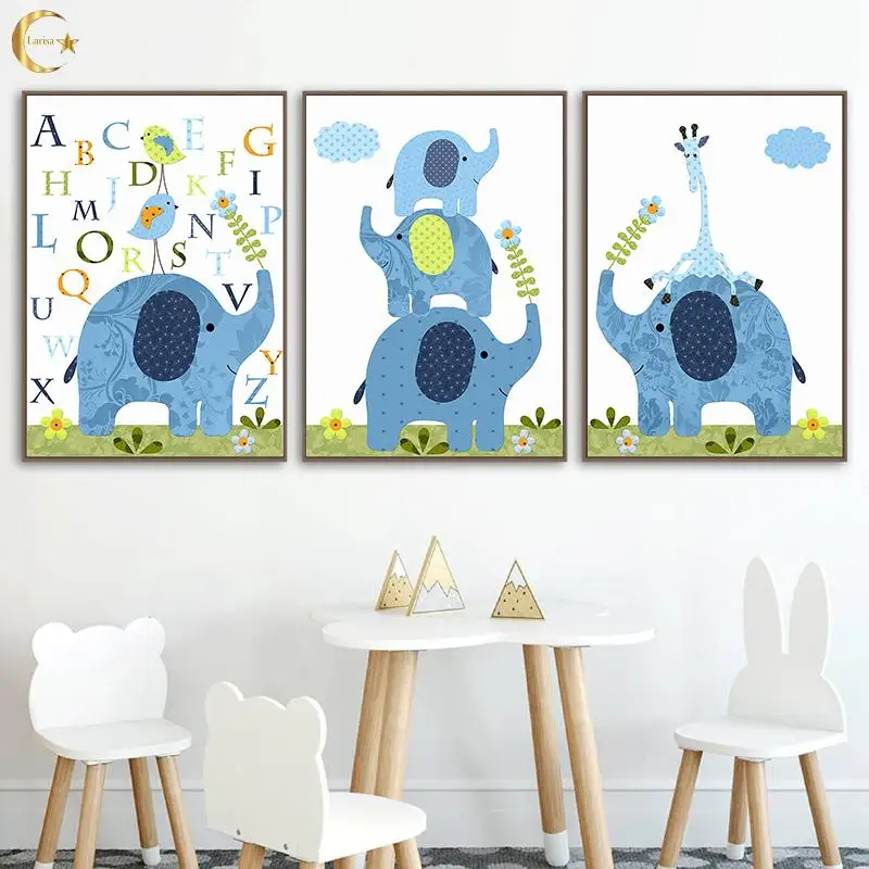 

Blue Cute Elephant Deer Canvas Painting Cartoon Animal Nursery Poster Giraffe Letter Wall Art Painting Kids Room Decoration