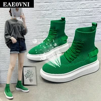 womens high top breathable sneakers knitted mesh lacing outdoor casual shoes comfortable soft soled walking shoes running shoes