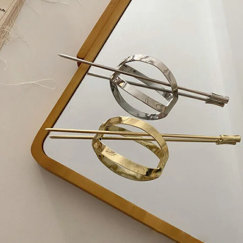 

2021 Retro Gold Silver Color Metal Geometric Round Square Hollow Removable Top Clip Hair Sticks Headwear Accessories for Women