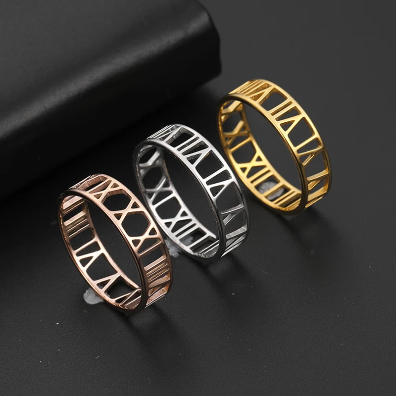 

Teamer Simple Roman Numerals Stainless Steel Ring Hollow Cool Punk Rings For Men Women Lover Couple Ring Wedding Fashion Jewelry