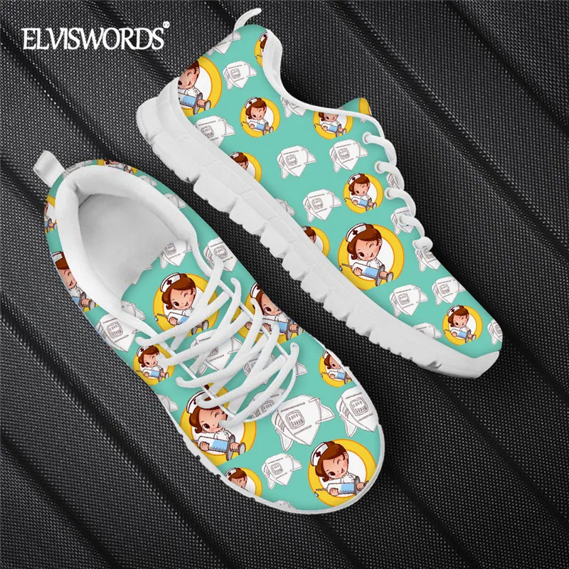 

ELVISWORDS Women's Kawaii Nursing Flat Shoes 2020 Stylish Footwear Teen Girls Cute Cartoon Nurse Doctor Print Sneaker Breathable