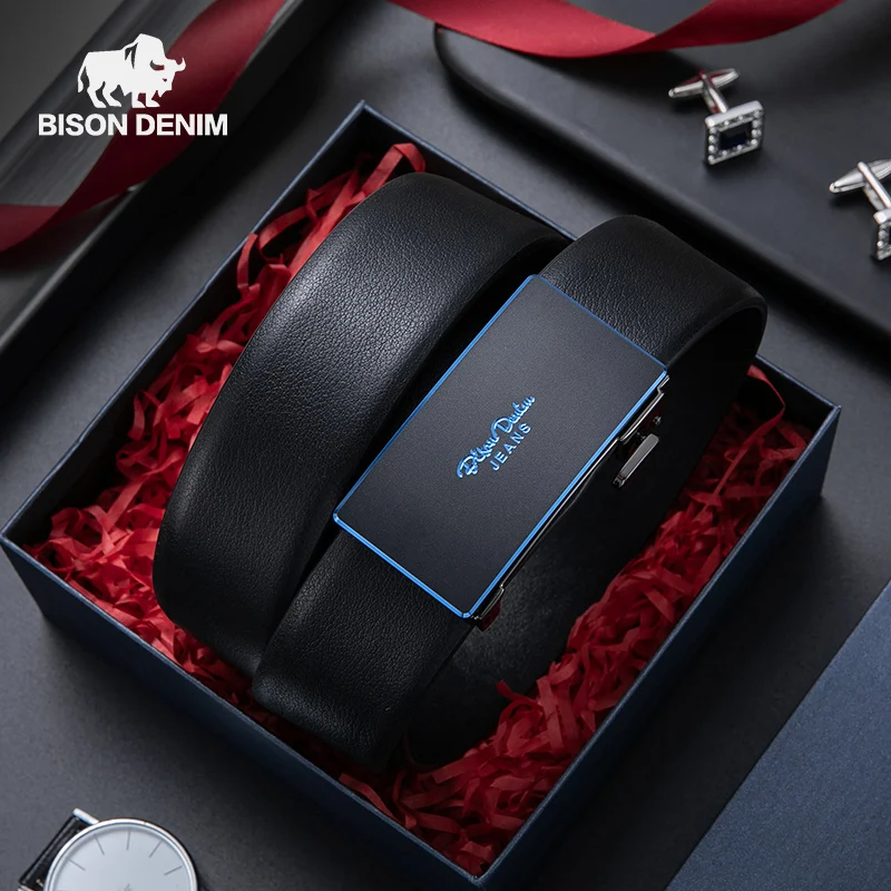 

BISON DENIM Brand Mens Belt Plain Weave Cowskin High Quality Luxury Automatic Buckle Genuine Leather Black Belt N71623
