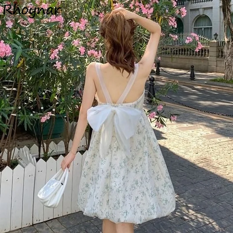 

Sleeveless Dress Women A-line Summer Floral Bow Girls Lovely Holiday Sundress Elegant Design Stylish Ulzzang Aesthetic Tender