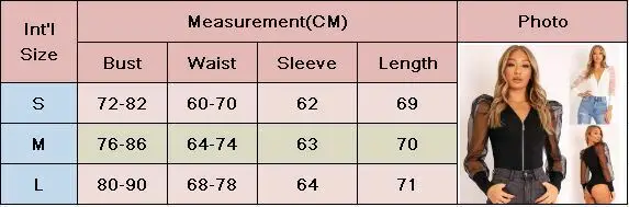 

New Women Puff Sleeve Mesh Sheer Bodysuits Sexy V Neck Slim Zipper Solid Jumpsuit Ladies Elegant Clubwear Playsuits