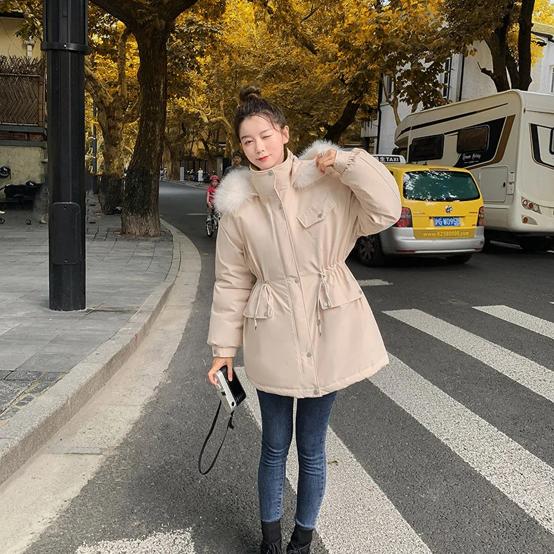 Winter Coat Women Plush 2021 The New Korean Version Draw Back Fashion Big Fur Collar Mid-length Cotton