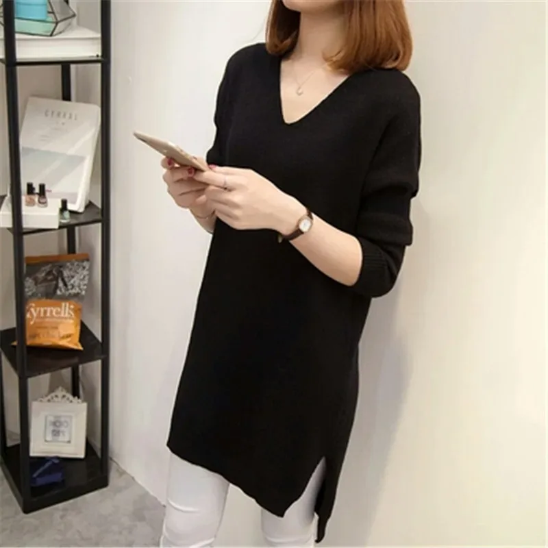 Большие размеры стильные женские пуловер платье-свитер на осень и зиму свободные