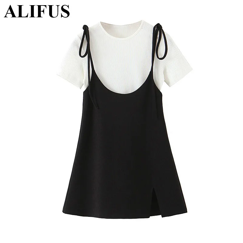 

fashion 2020 two-piece women blend cotton O-neck short sleeve T-shirt back zipper solid color split sling dress female mujer