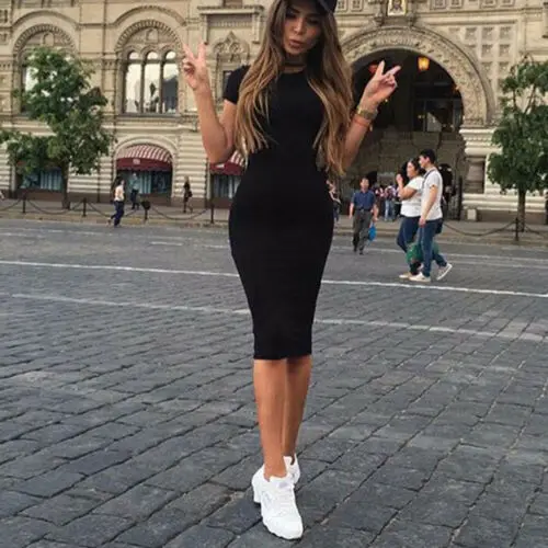 

Summer Women Skinny Solid Color Dresses Women Summer Casual Short Sleeve O-Neck Bodycon Midi Dress